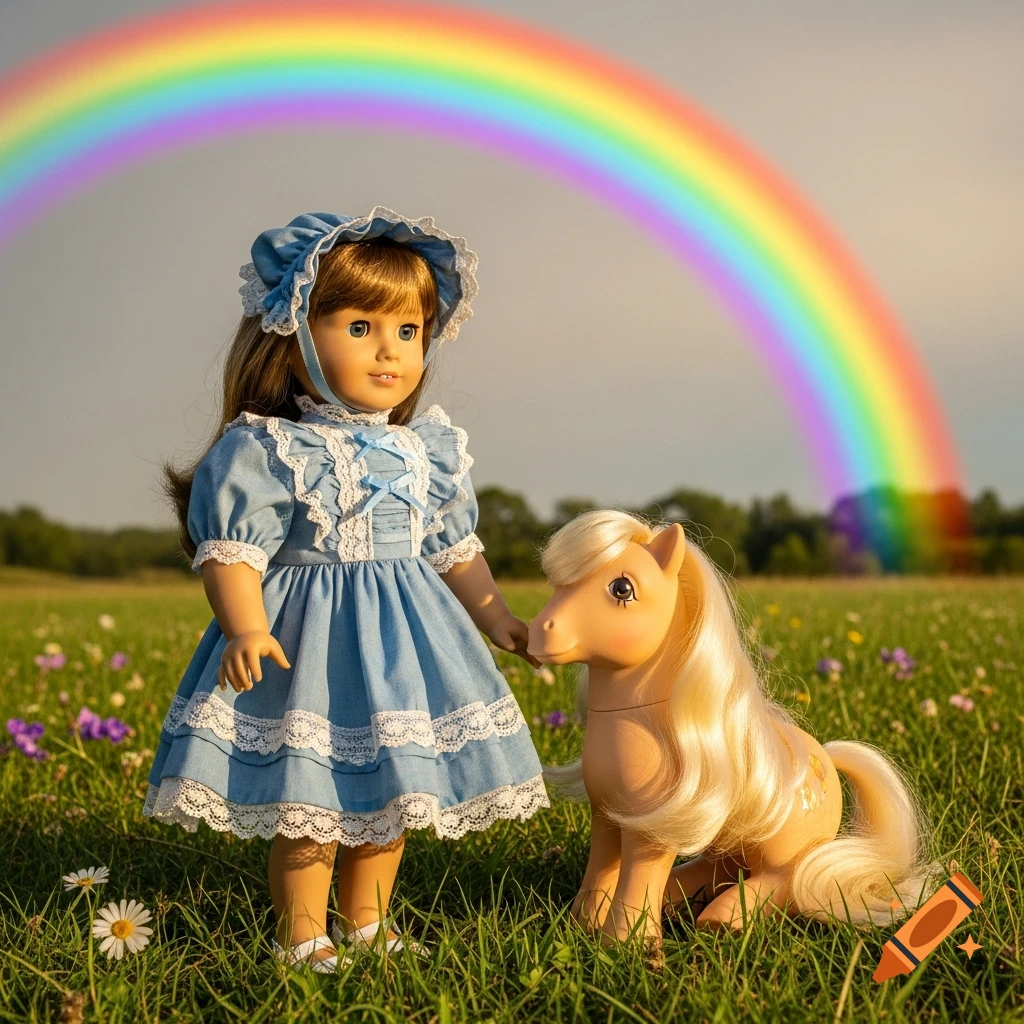 A pretty American Girl doll in a blue dress stands next to a G1 My Little Pony in a grassy field under a vibrant rainbow, photorealistic.