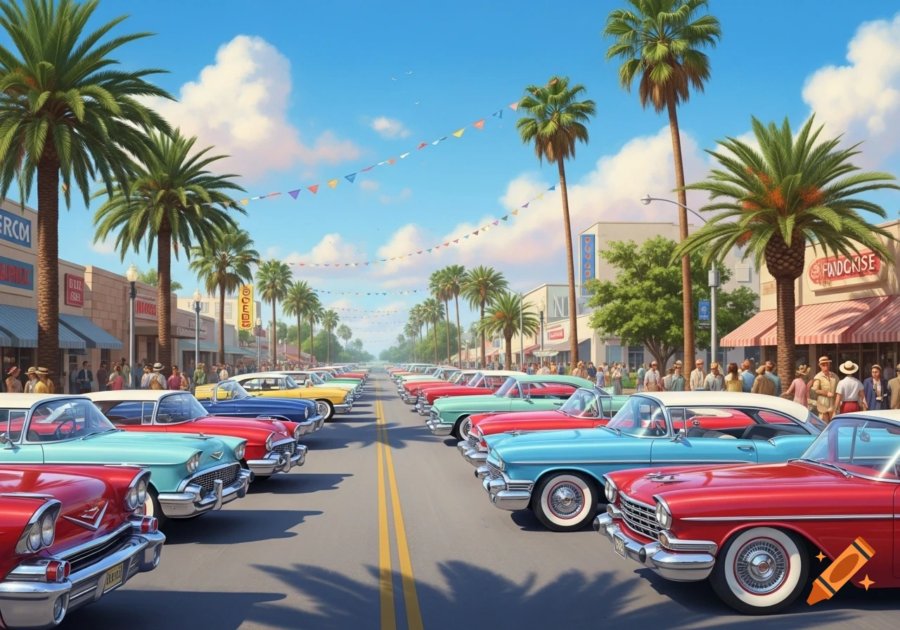 A street lined with rows of colorful classic American cars under palm trees and a sunny blue sky, with people in the background.