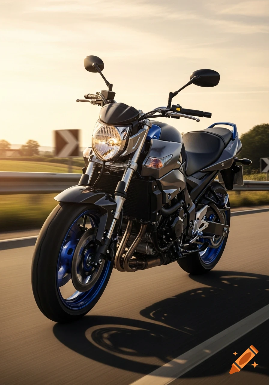 A dark grey and blue Suzuki GSR 600 motorcycle speeds down a road at sunset, casting a long shadow.