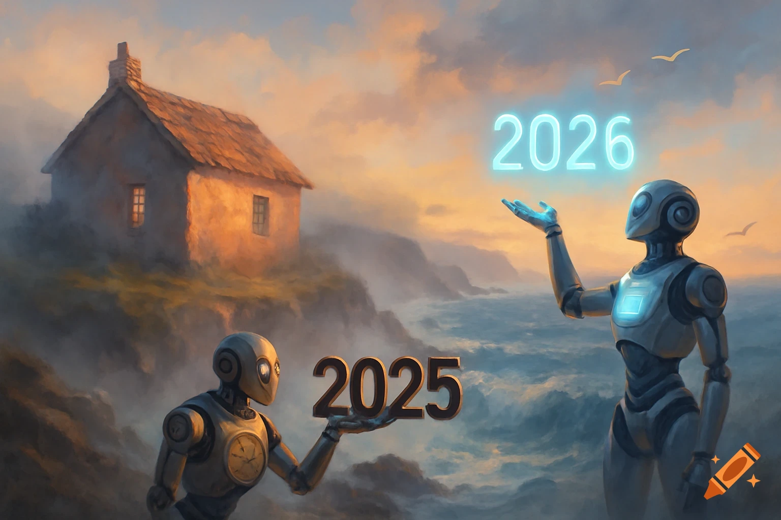 Two robots on a misty coast, one holding "2025" and another presenting glowing "2026" near a cottage, in a painterly style.