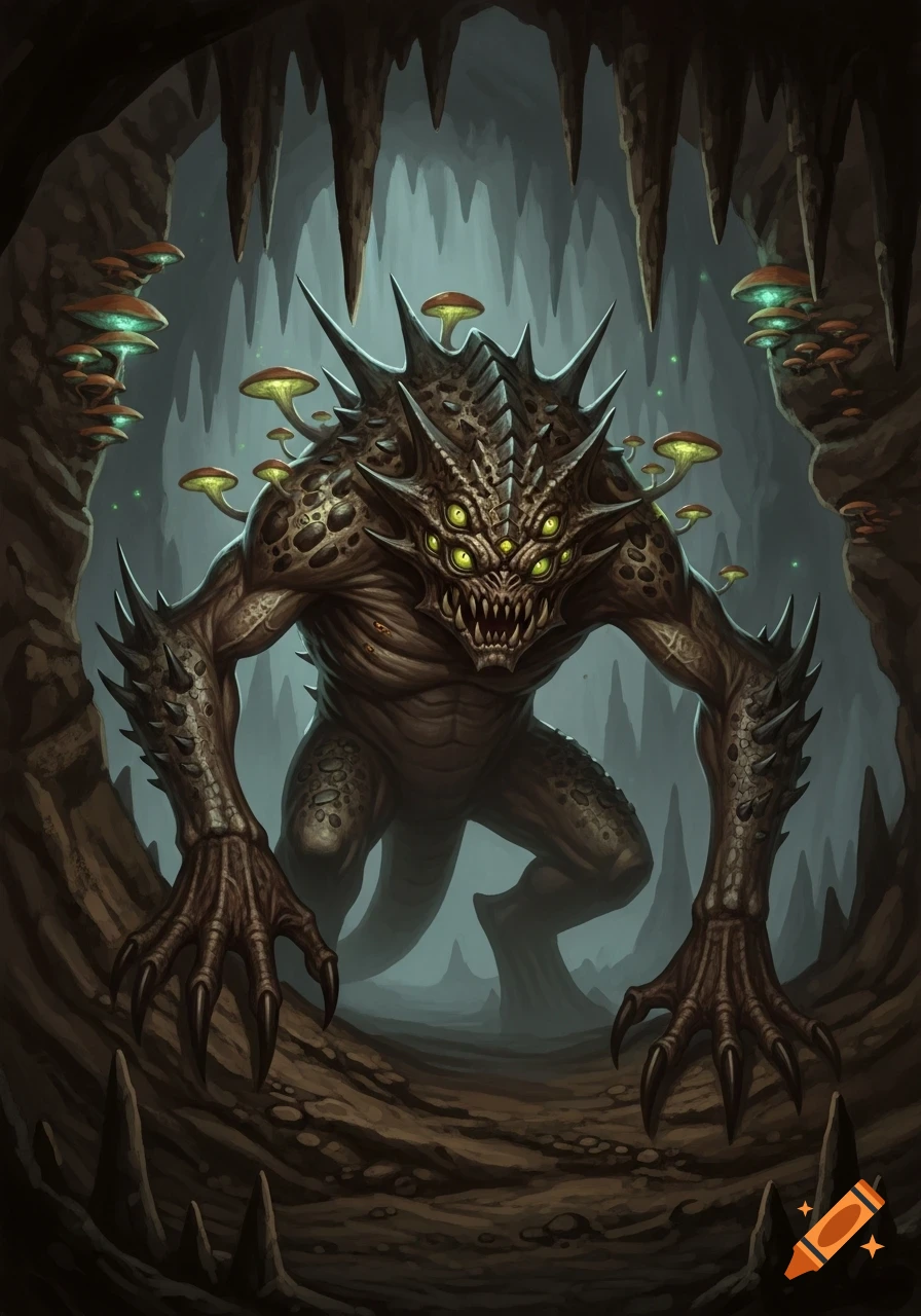 A multi-eyed, spiky, reptilian monster with glowing mushrooms on its back, lurking in a dark cave with stalactites and stalagmites.