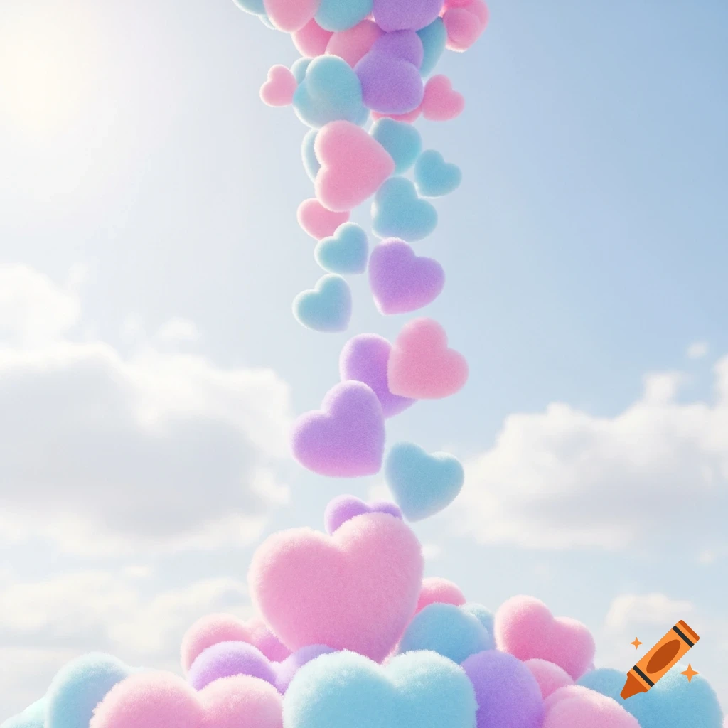 Fluffy pastel pink, blue, and purple hearts pouring down from a soft blue sky with clouds.