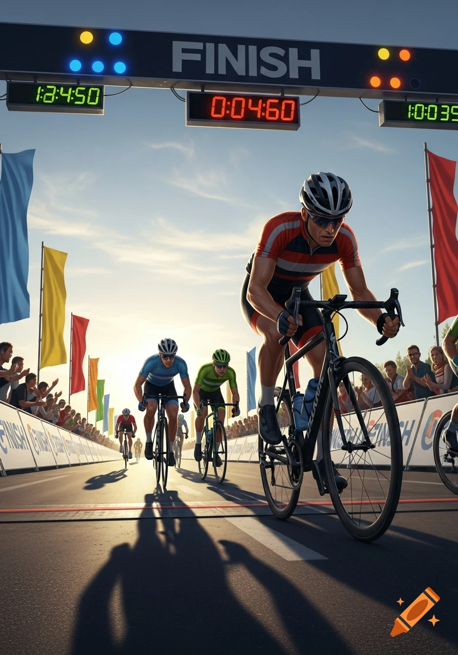 A photorealistic shot of cyclists intensely racing across a finish line under a bright sky, with spectators cheering.
