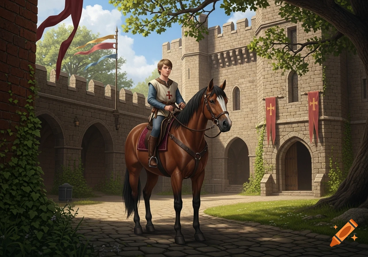 A young medieval page rides a brown horse in a castle courtyard with stone walls and banners.