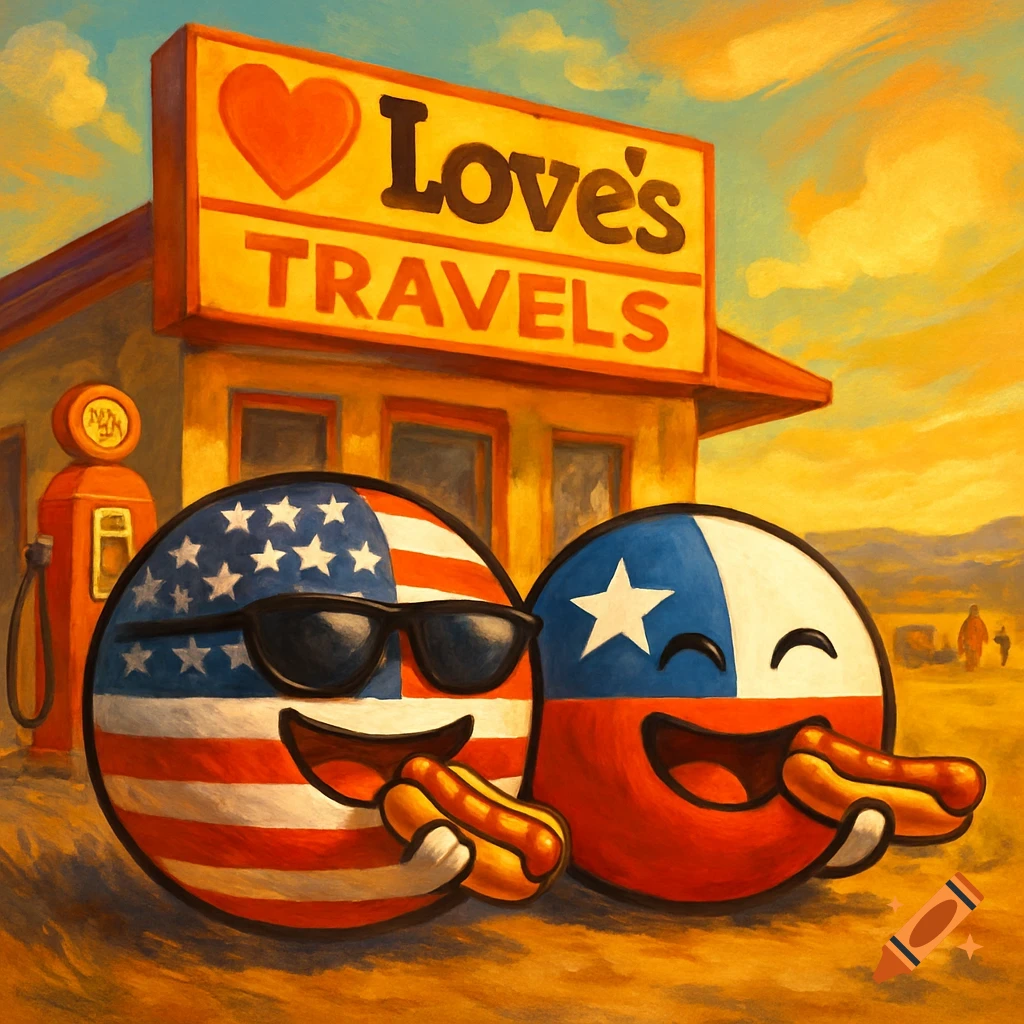 A cartoon painting of USA and Chile countryballs in front of a Love's Travels gas station, both eating hot dogs.