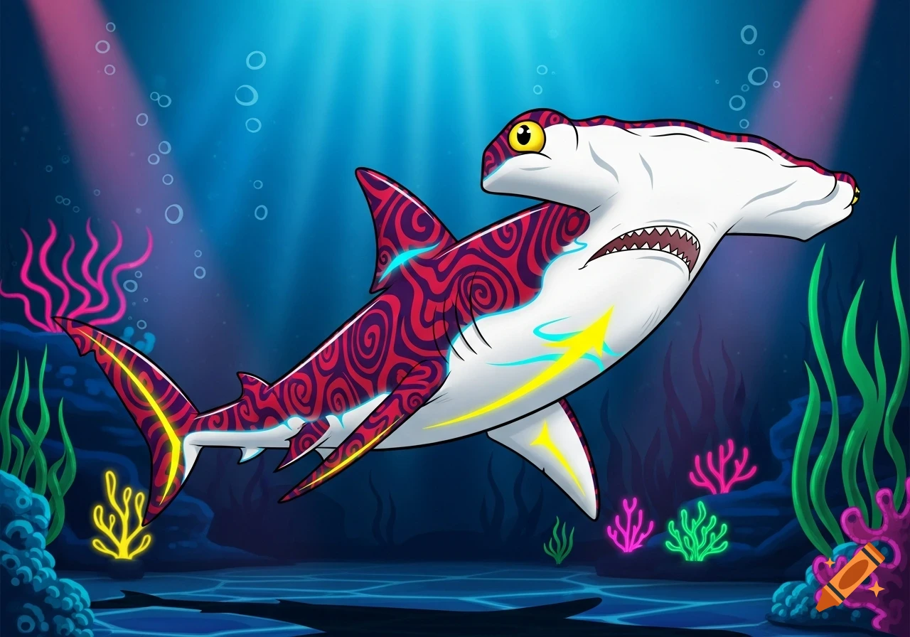 A vibrant cartoon hammerhead shark with red swirl patterns and neon accents swims in a deep blue underwater scene with glowing coral.