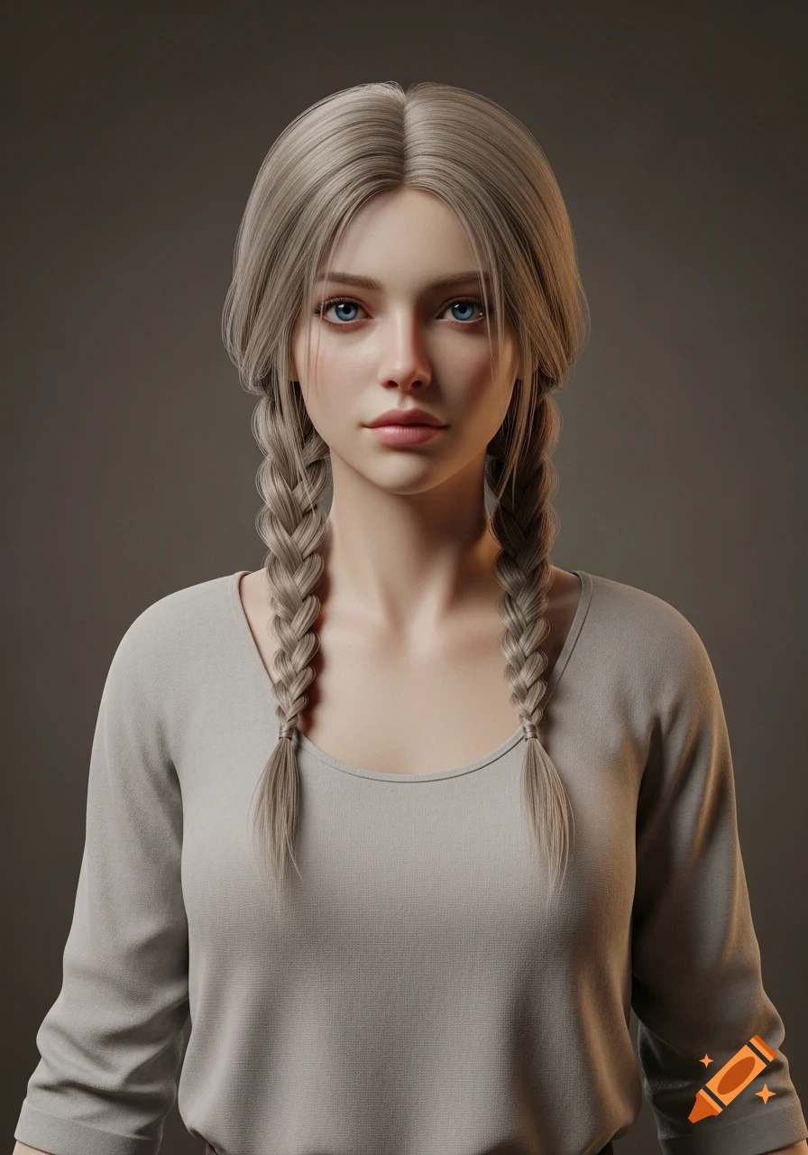Photorealistic portrait of a young woman with dirty blonde braids, blue eyes, and pale skin, wearing a light gray long-sleeved shirt.