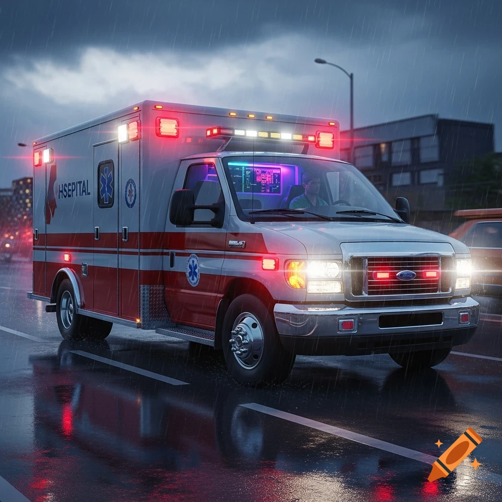 A photorealistic ambulance with red and white livery drives through a rainy city street at dusk, its emergency lights flashing.