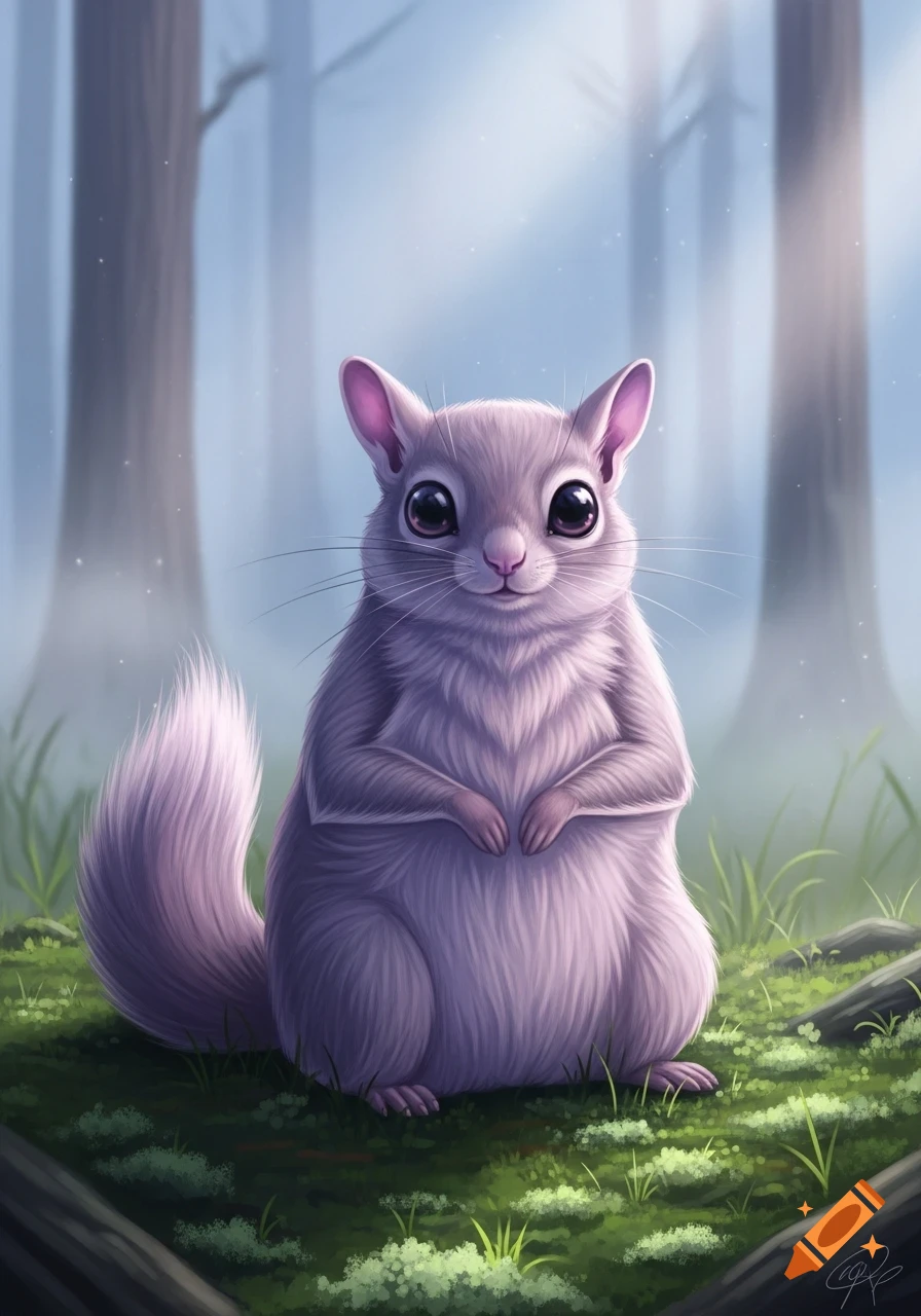 A cute, fluffy, purple Momonga-Cato hybrid creature with large black eyes sits in a forest clearing with green moss.