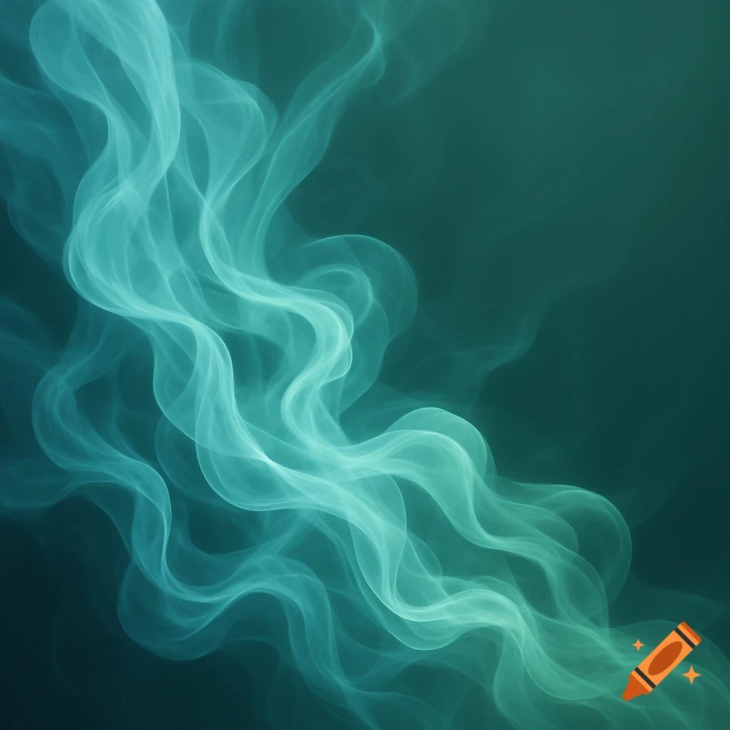Aesthetic abstract flowing gas or smoke in shades of cyan and light green against a dark teal background.