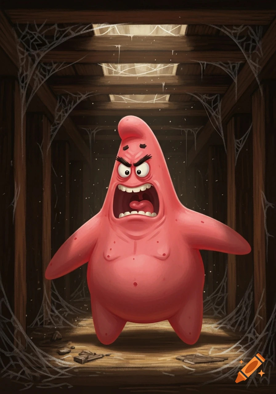Furious Patrick Star yells in a dusty, cobweb-filled crawlspace in a cartoon illustration.