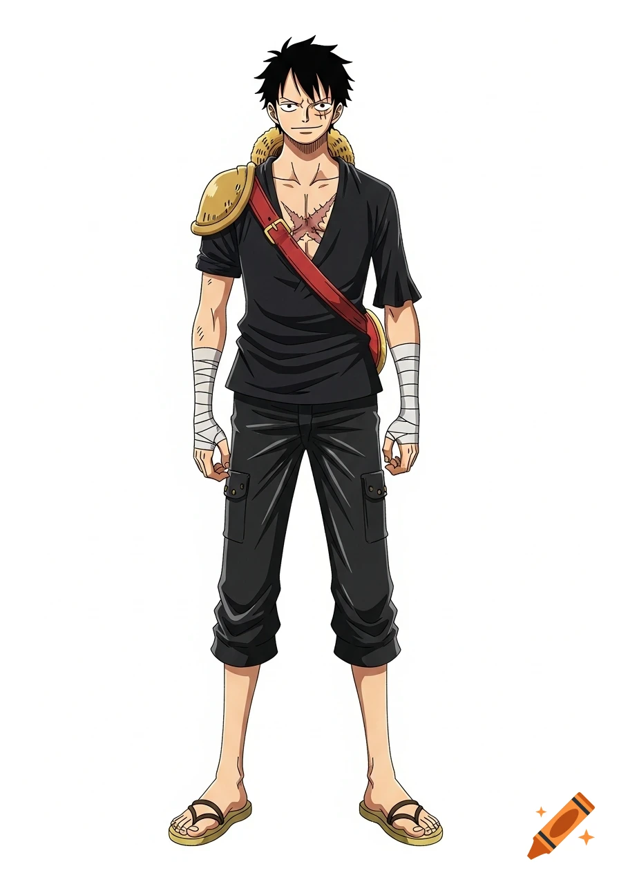 Full-body anime illustration of a pirate character in One Piece style, with black messy hair, dark eyes, a scar, black tunic, shoulder pad, red strap, black pants, white arm bandages, and sandals, on a white background.
