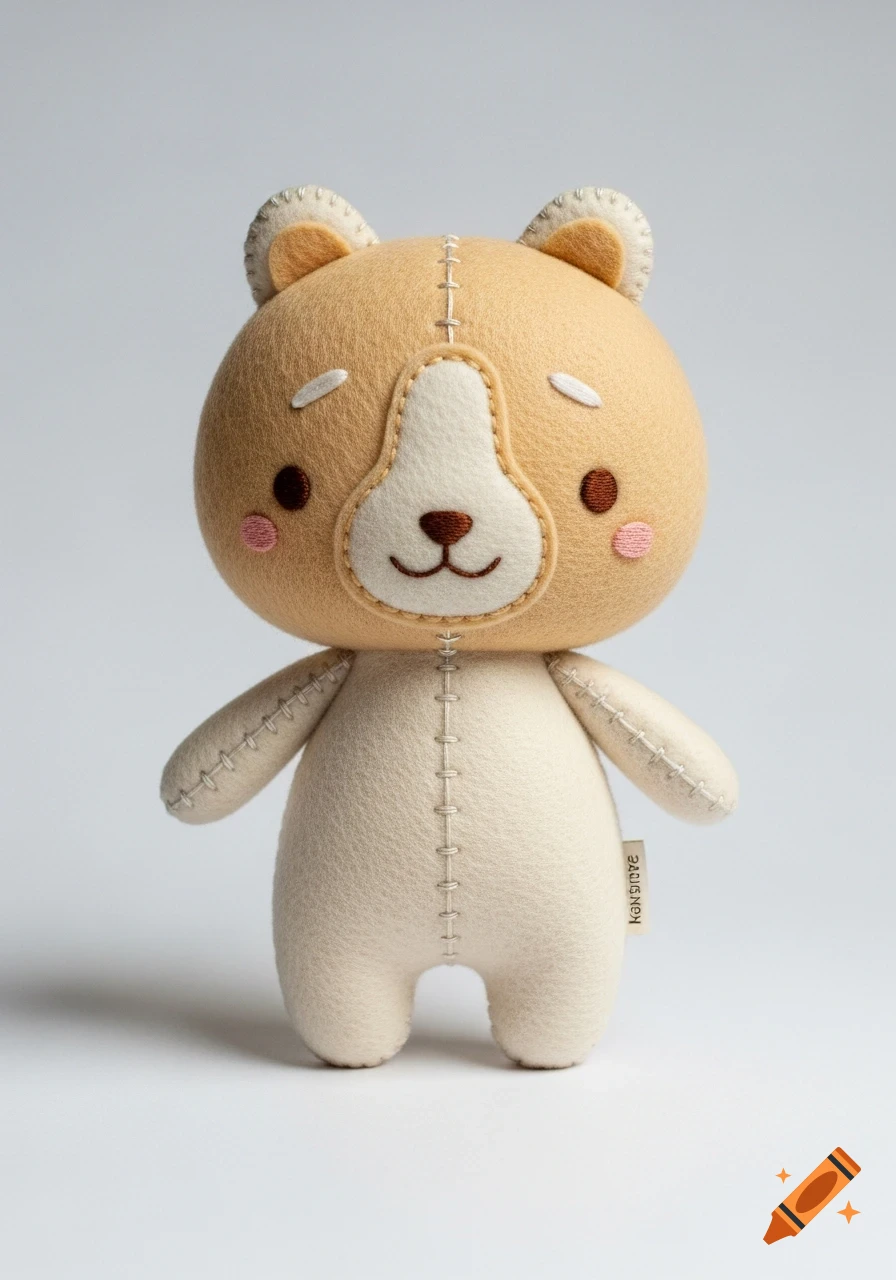 A cute, light brown and cream felt bear plush toy with embroidered features stands on a white background.