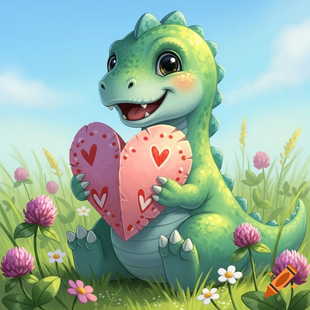 A cute green cartoon dinosaur with rosy cheeks sits in a grassy field with clover flowers, holding a pink valentine heart. Blue sky background.