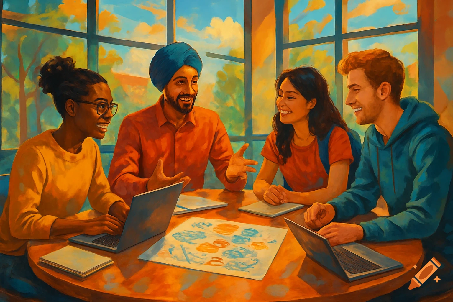 Four smiling diverse students collaborating around a table with laptops and a paper, in a bright, painterly style.
