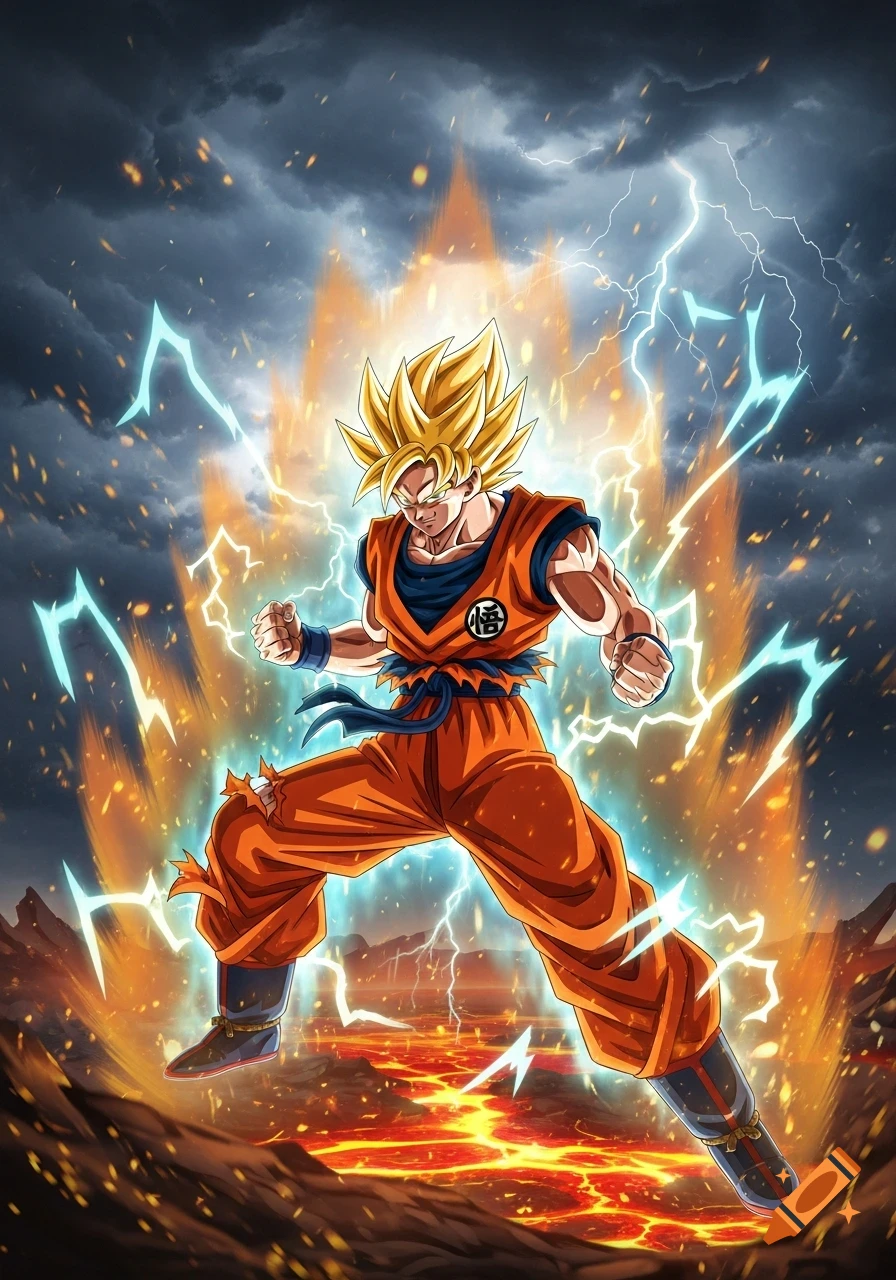 Goku in Super Saiyan form, surrounded by a golden aura, lightning, and lava, in an action pose.