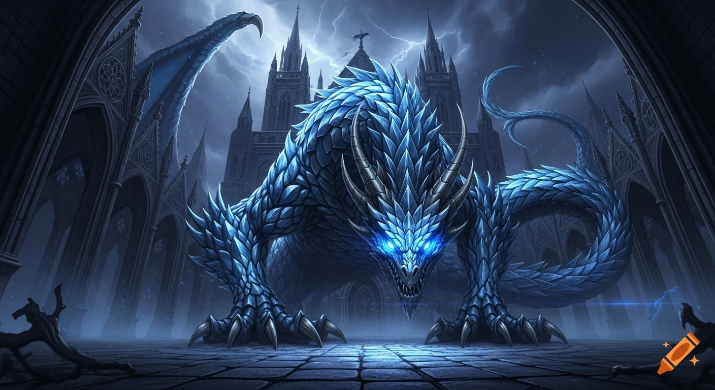 A mighty Balaur dragon with glowing blue eyes and sharp azure scales stands in a dark, imposing gothic cathedral under a stormy sky with lightning.
