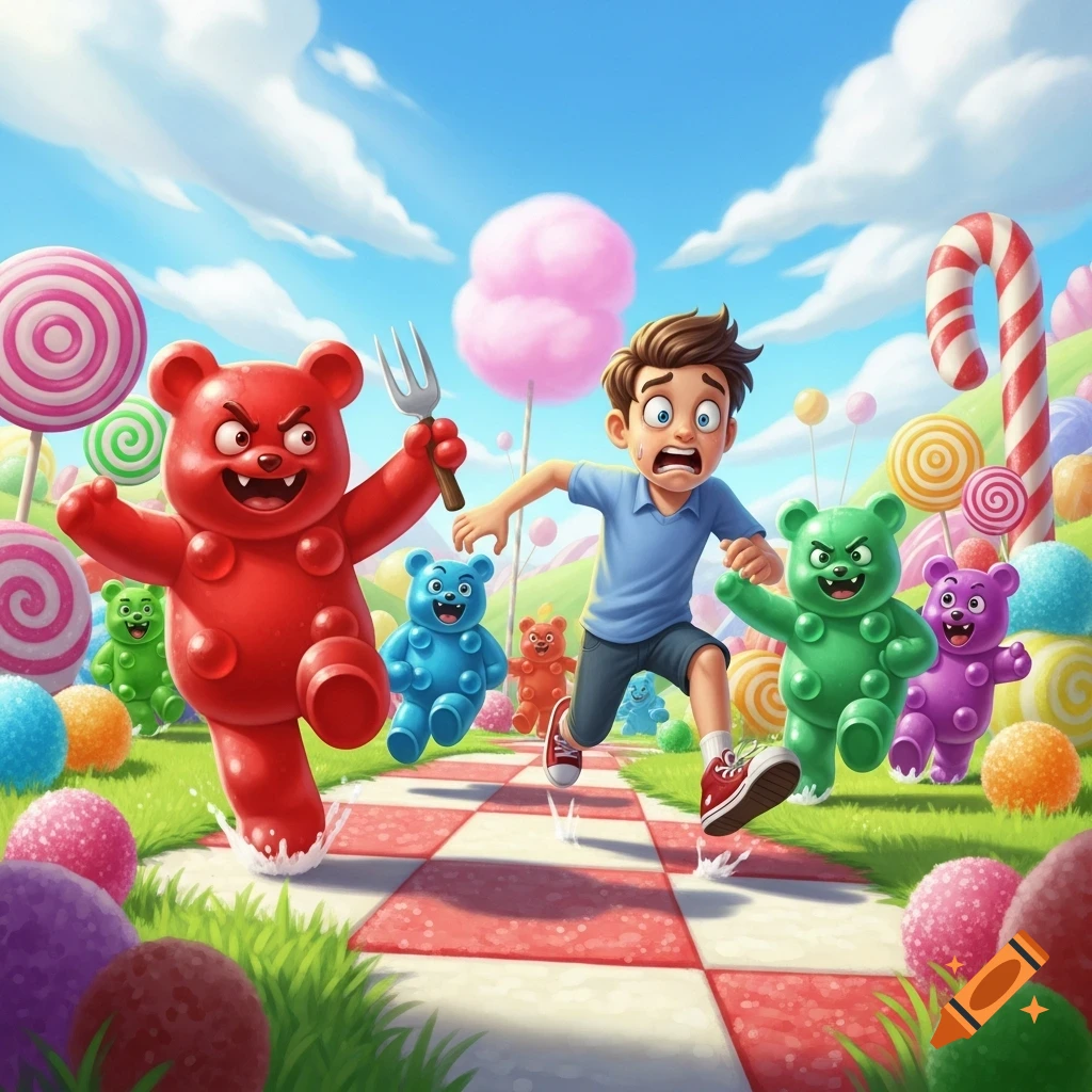 A scared boy runs through a vibrant candy land, being chased by angry gummy bears, one of which holds a fork.