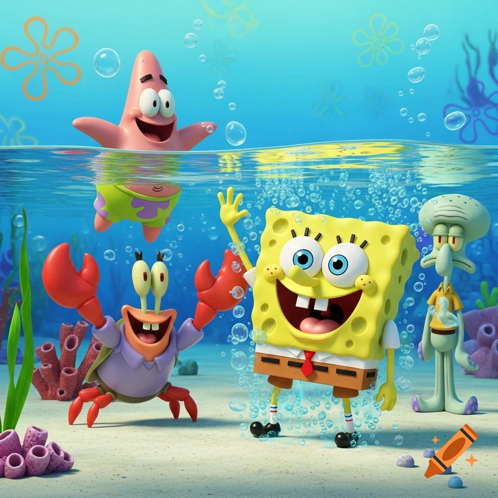 SpongeBob, Patrick, Mr. Krabs, and Squidward are happily playing underwater in a vibrant 3D cartoon style.