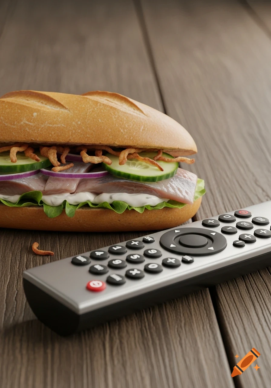 A photorealistic fish sandwich with herring, cucumber, and onions, next to a silver TV remote control, on a wooden table.