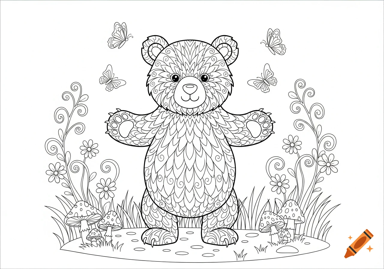 Black and white coloring page of a stylized bear with intricate patterns, standing among mushrooms, flowers, and butterflies.