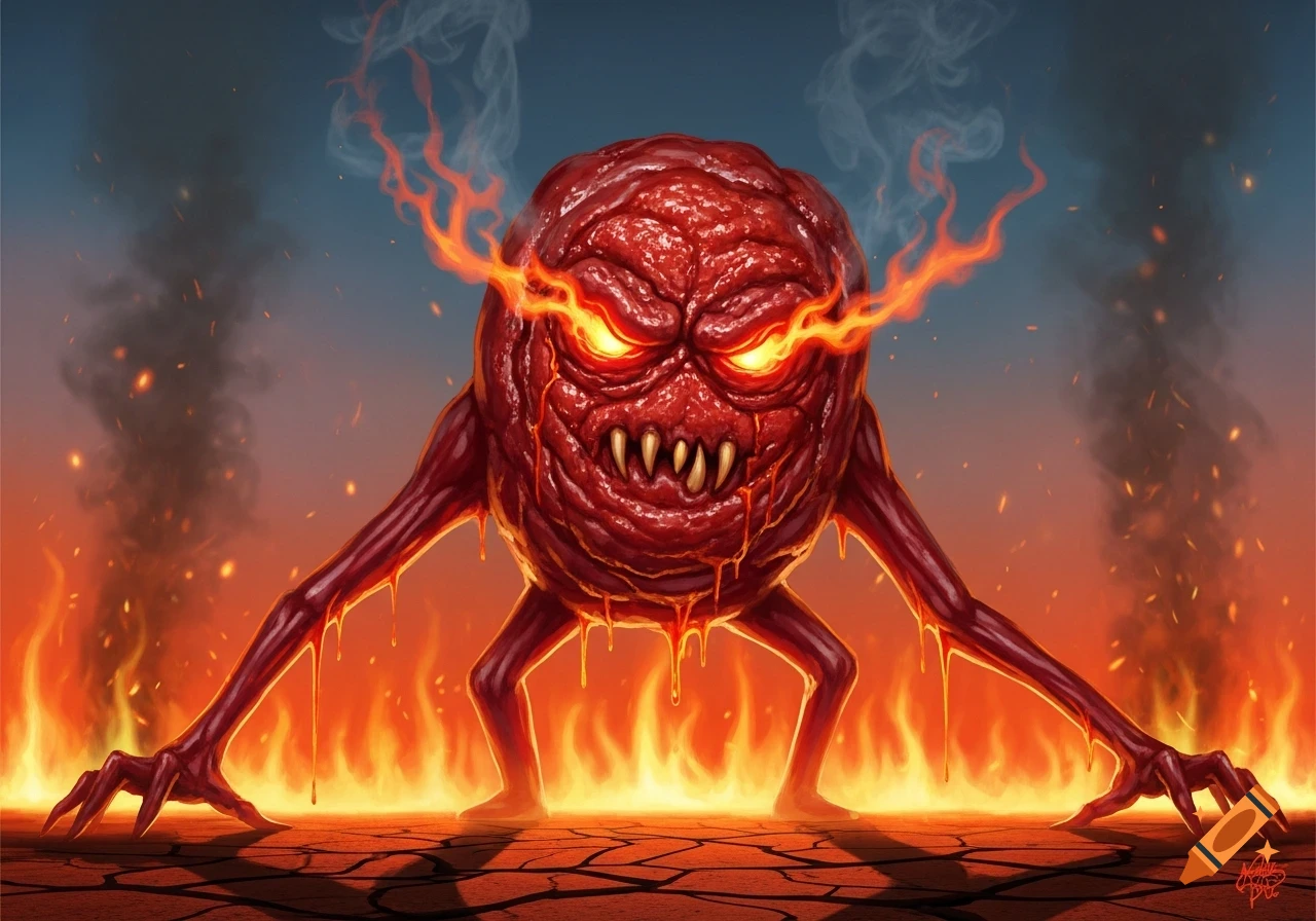 A menacing red, fleshy monster with glowing eyes and sharp teeth stands ...