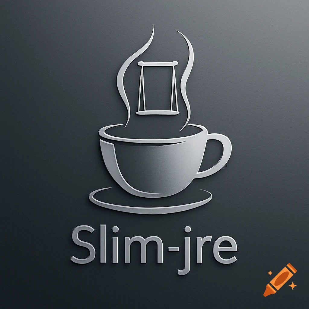 Minimalist metallic logo with a silver coffee cup, a swing in its steam, and 'Slim-jre' text on a dark gray background.