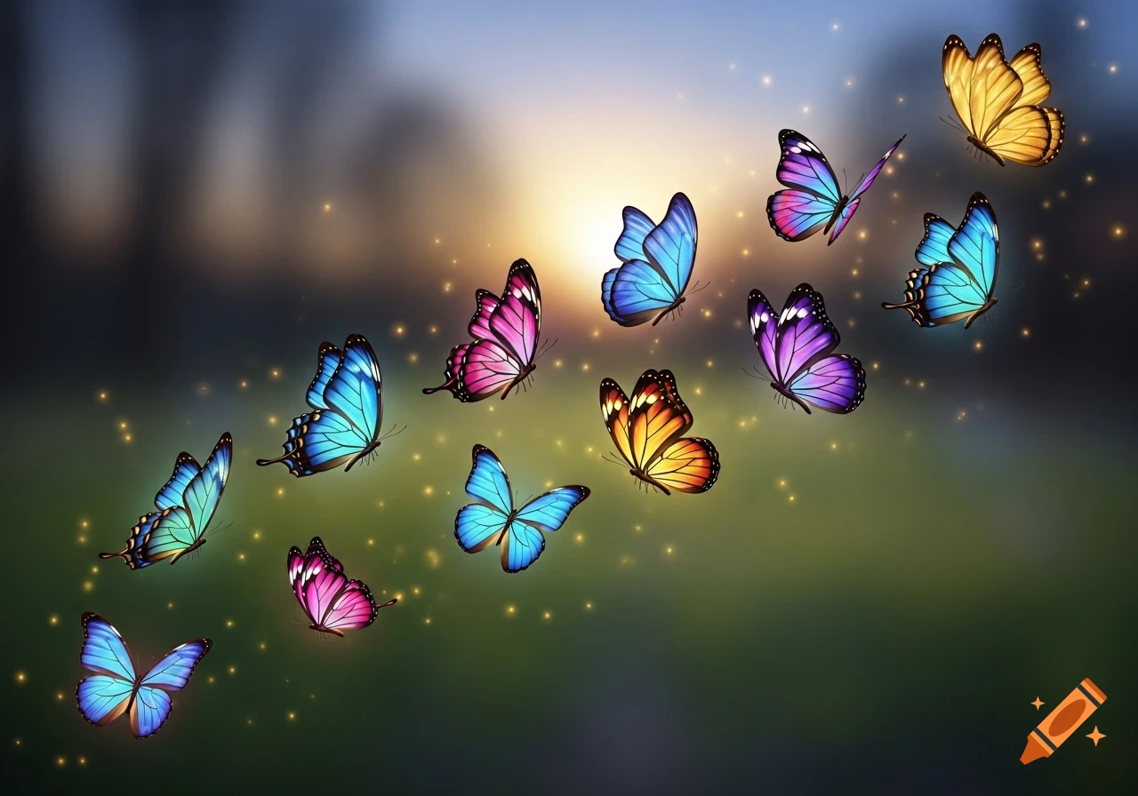 Many colorful, glowing butterflies fly in a zigzag pattern against a blurred sunset and green field with sparkling lights.
