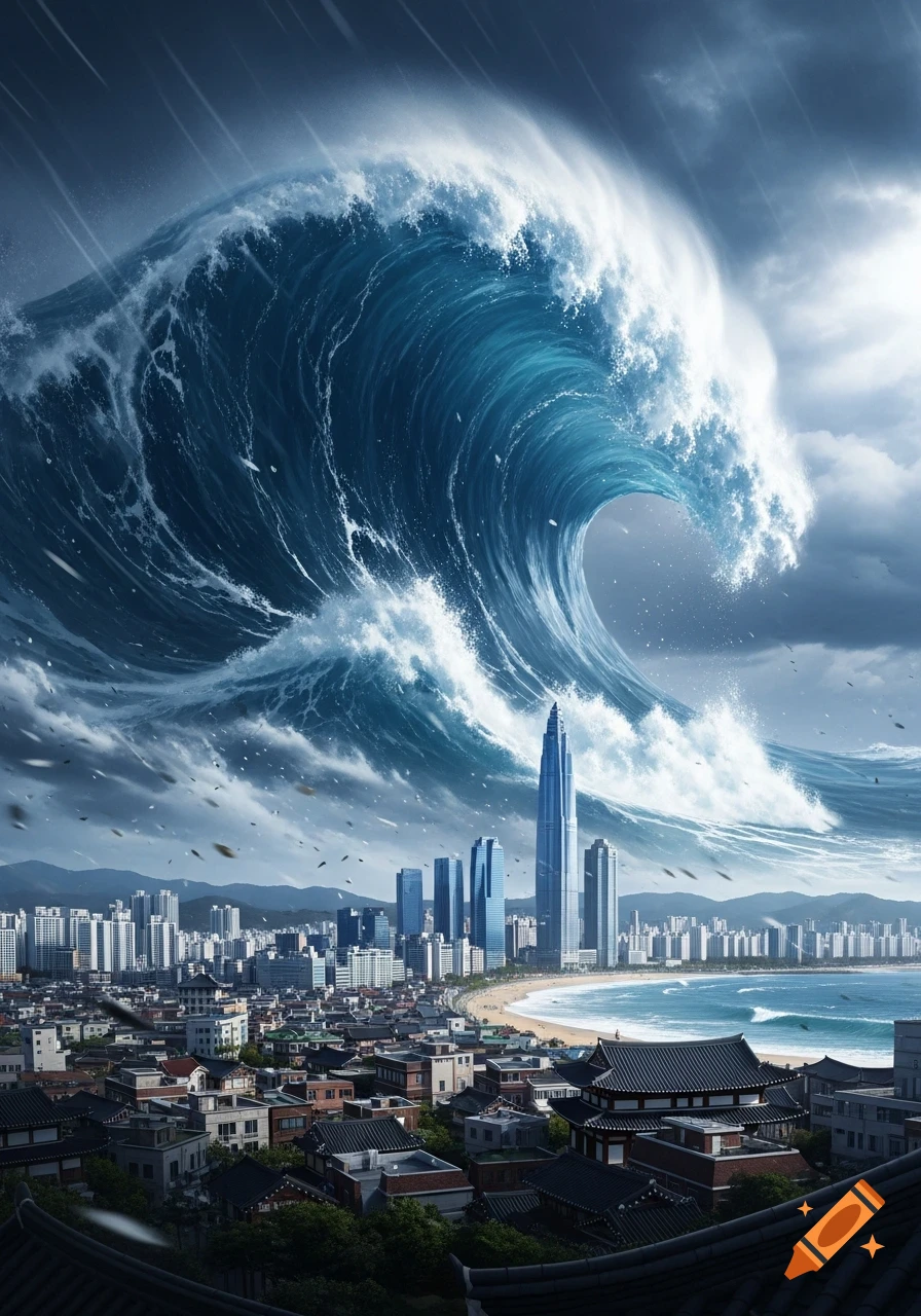 A massive blue tsunami wave with white foam crests over a modern city skyline featuring tall skyscrapers and traditional Korean buildings under a stormy sky.