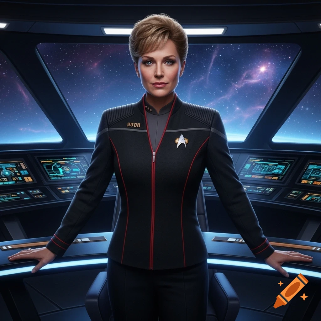 A woman in a black and red Starfleet-like uniform stands in a futuristic spaceship bridge, looking forward with a starry view outside.