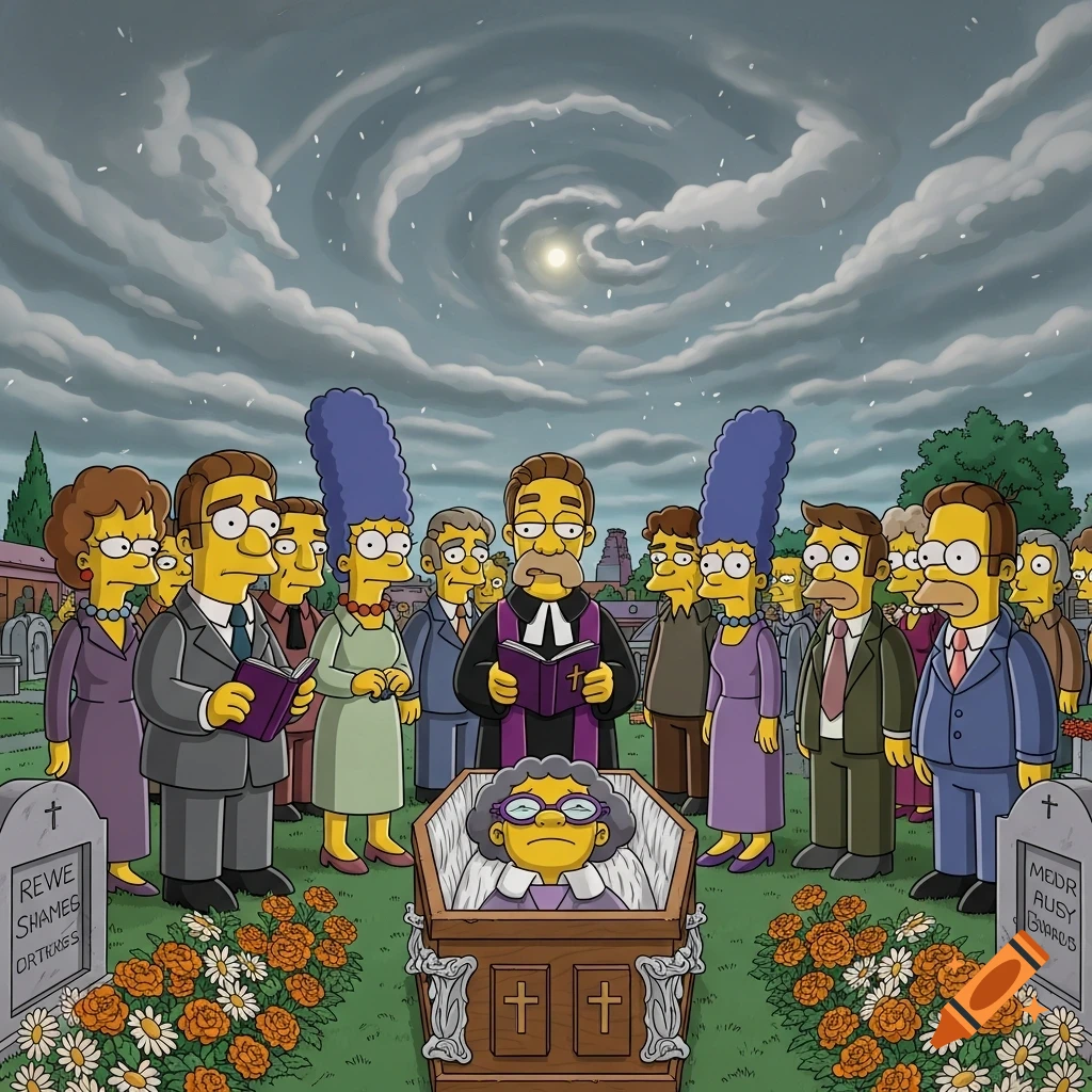 A cartoon funeral scene in the style of The Simpsons, with many characters mourning around an open coffin containing an older woman with glasses. Gravestones are visible in the background under a swirling, cloudy sky.