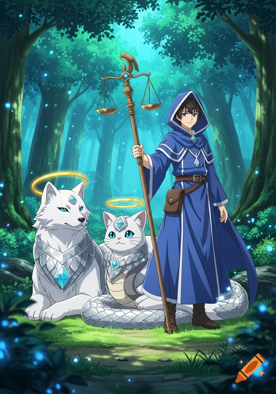 Anime art of a young male mage in a blue robe holding a staff, accompanied by a white wolf and a cat-snake creature, in a magical forest.