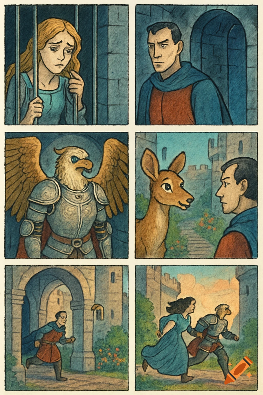 A 6-panel comic strip: a sad woman in prison, a stern man, a bird-knight, a deer, and an escape from a castle.