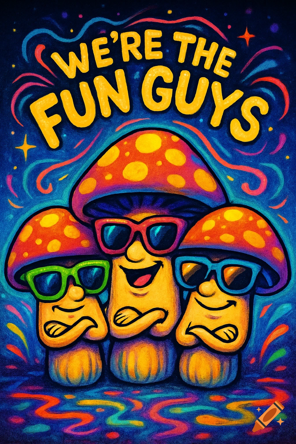 Vibrant psychedelic illustration of three cartoon mushrooms with sunglasses and crossed arms, text 'WE'RE THE FUN GUYS'.