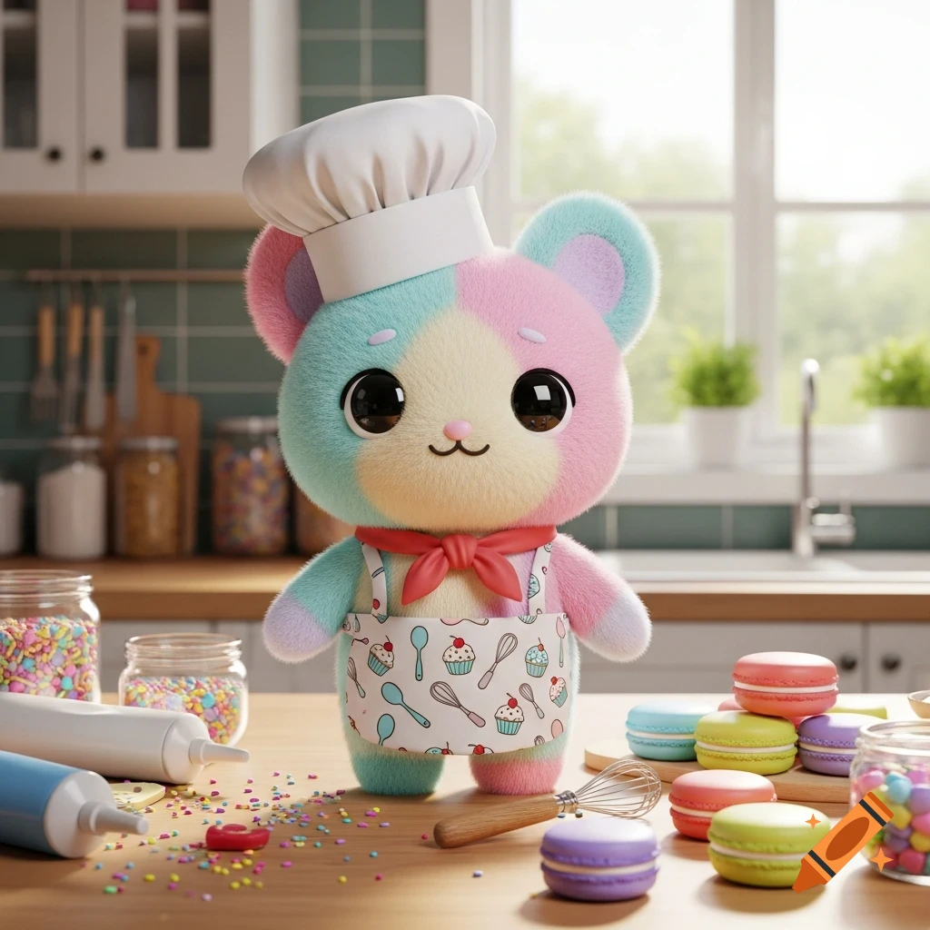 A cute, fluffy, multicolored plushie wearing a chef's hat and apron stands on a kitchen counter surrounded by macarons and sprinkles.