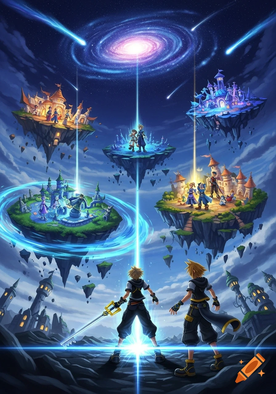 Two spiky-haired heroes stand on a dark floating island, looking at multiple other floating islands with castles and characters, all connected by light beams to a galaxy in the starry sky.
