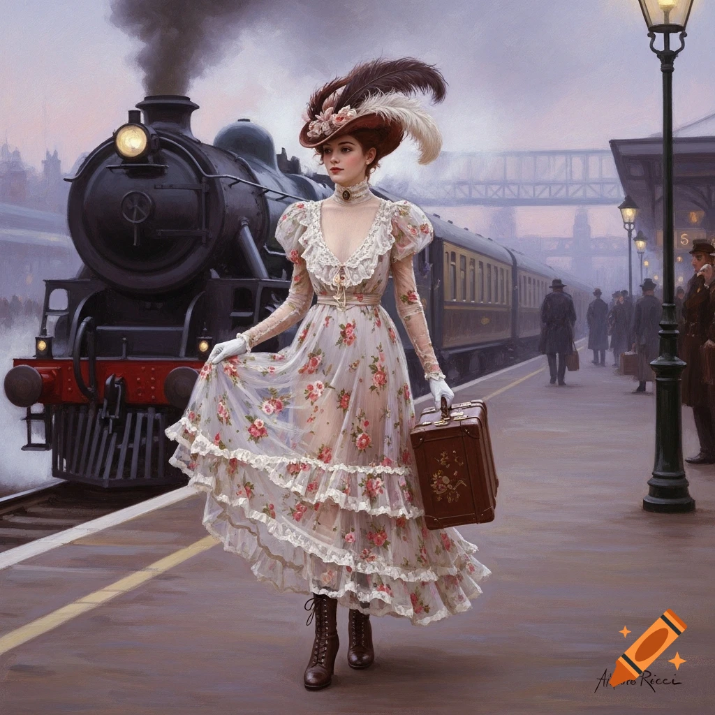 A Victorian woman in a sheer floral dress, feathered hat, and boots stands on a train platform with luggage, a steaming train behind her, in an impressionist painting style.