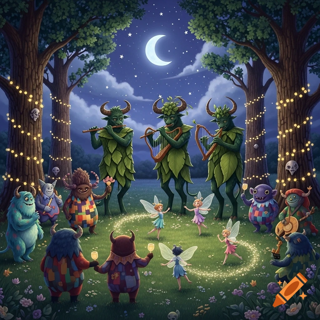 A whimsical night scene shows various monster-like creatures playing instruments and dancing with fairies in a magical forest under a crescent moon.