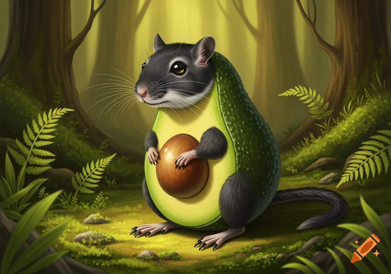 A black gerbil-like creature with an avocado torso holds an avocado pit, sitting on a mossy forest floor.