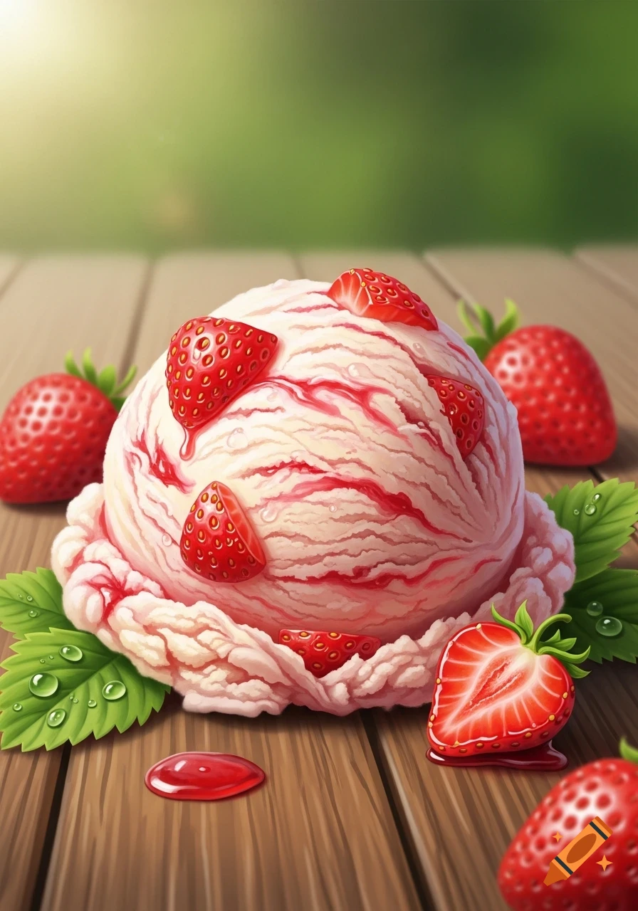 A scoop of strawberry ice cream topped with fresh strawberries and syrup on a wooden table, with green foliage in the background.