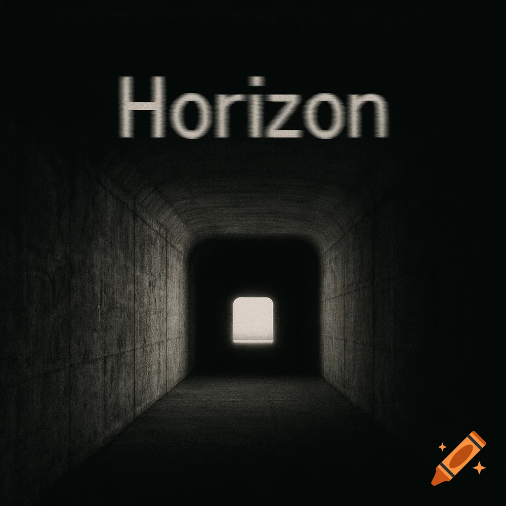 A dark, concrete tunnel with a bright light at the end and the word 'Horizon' blurred above it, in a minimal, introspective style.
