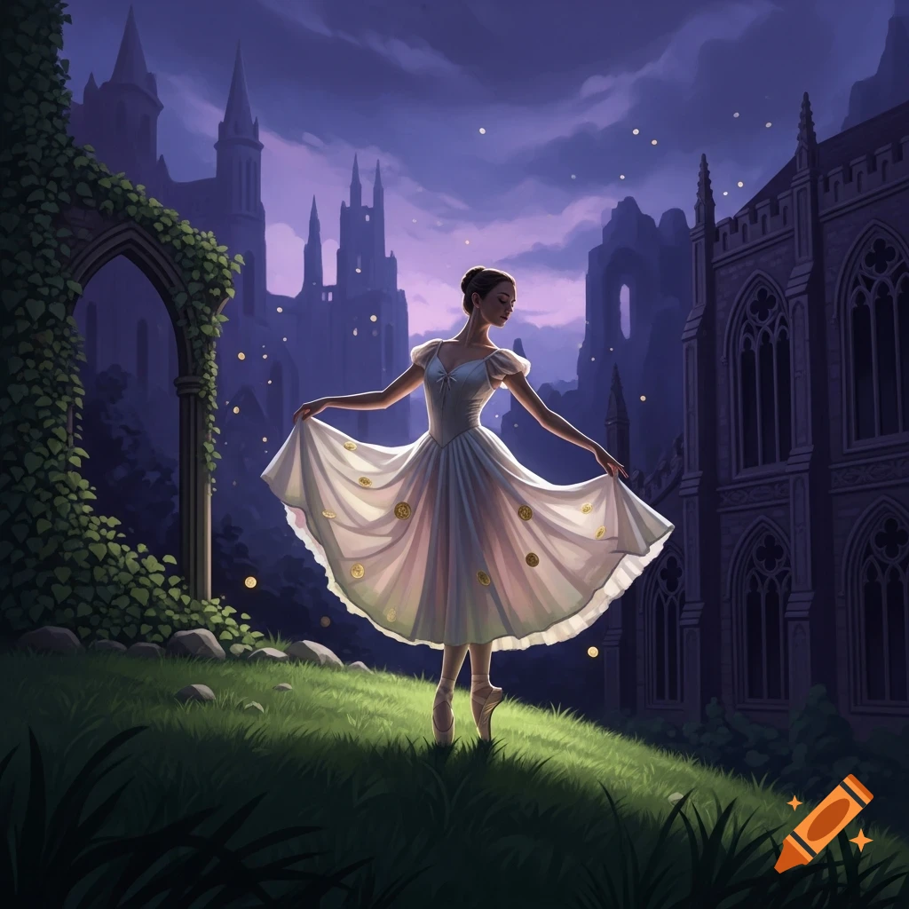 A graceful ballerina in a white bell-shaped dress stands en pointe on a grassy hill, bathed in moonlight. Behind her, gothic castle ruins rise against a purple night sky, with glowing particles floating around.