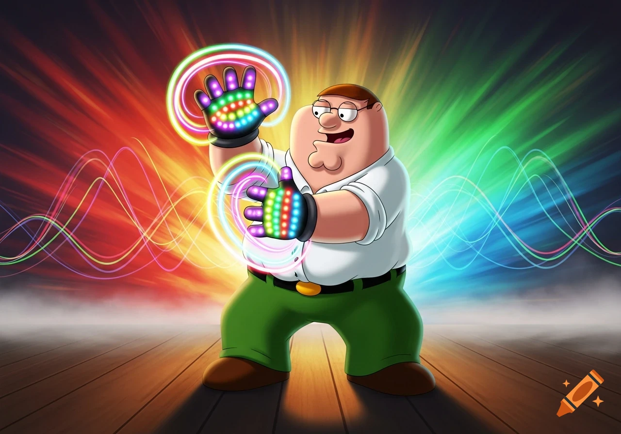 Peter Griffin wearing glowing LED gloves, surrounded by colorful light effects, on a stage.