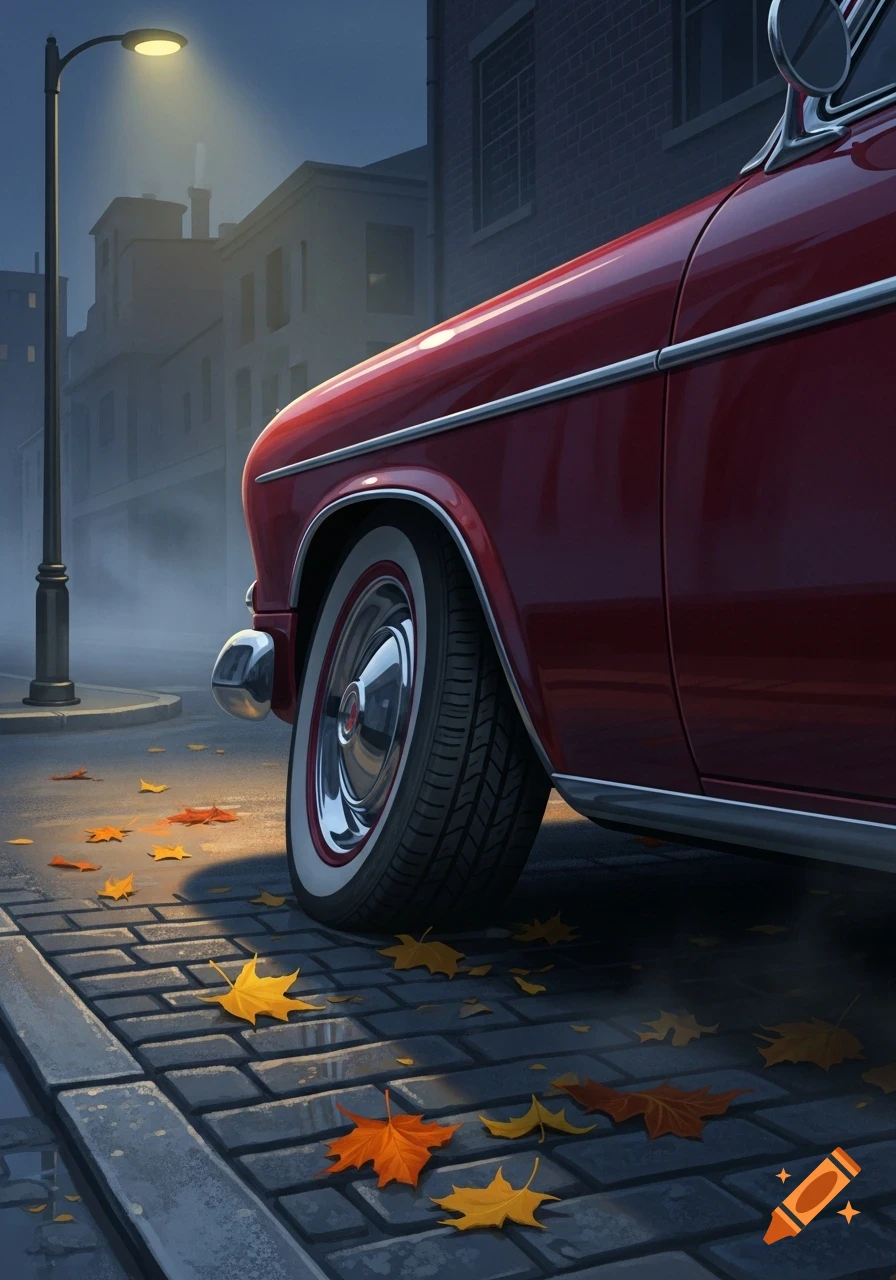 A close-up of a vintage red car parked on a cobblestone street with autumn leaves under a glowing street lamp at dusk.