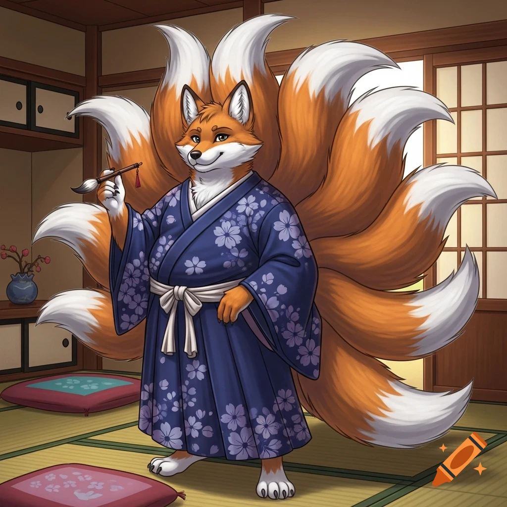 A nine-tailed anthropomorphic fox wearing a blue floral kimono holds a brush in a Japanese-style room, cartoon.