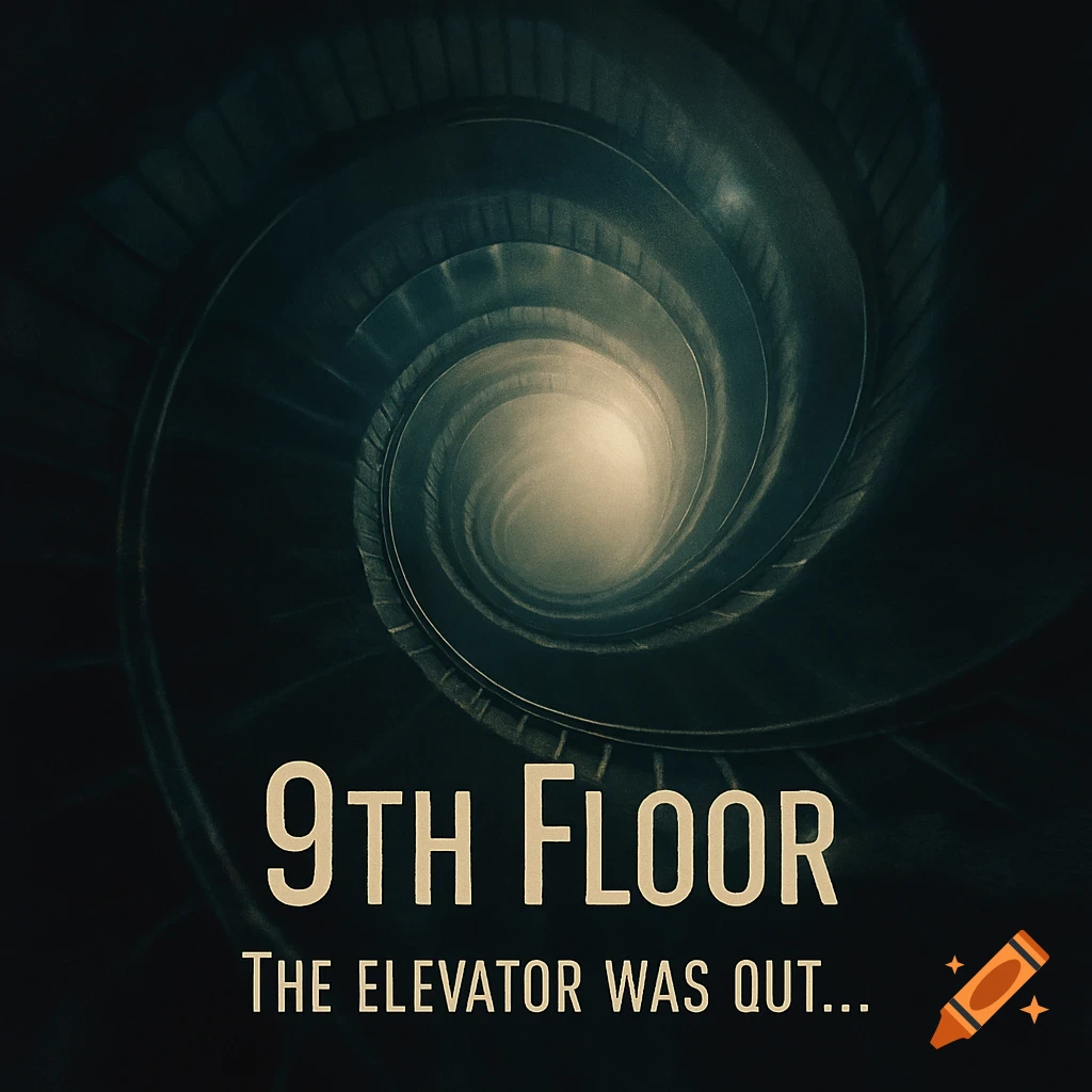 A dark, spiraling staircase leading down to a light, with text '9TH FLOOR THE ELEVATOR WAS OUT...'