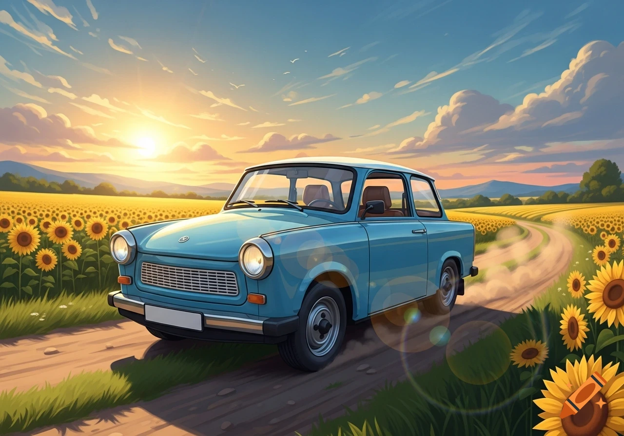 A light blue vintage car drives on a dirt road through a vibrant sunflower field at sunset, in an illustrative style.