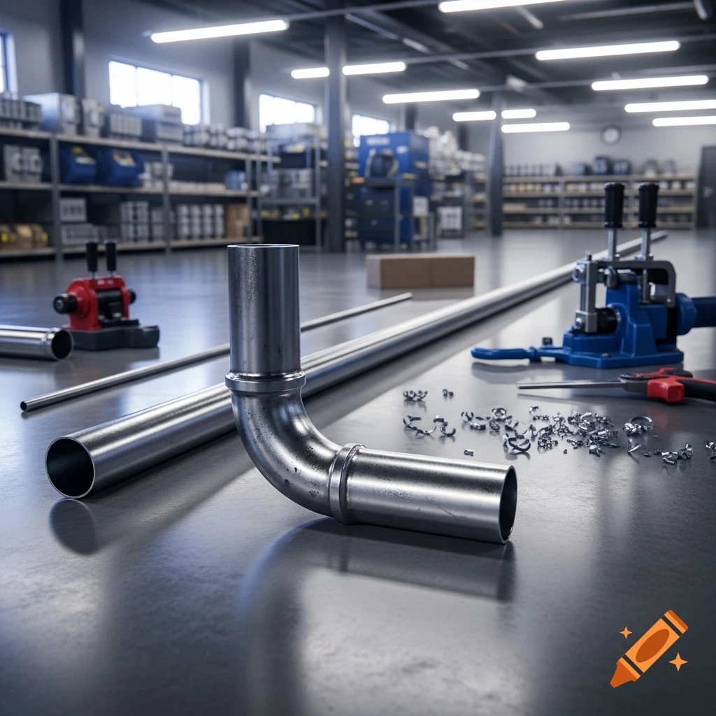 A bent metal pipe, straight pipes, a blue conduit bender, and metal shavings on a concrete workshop floor, photorealistic.