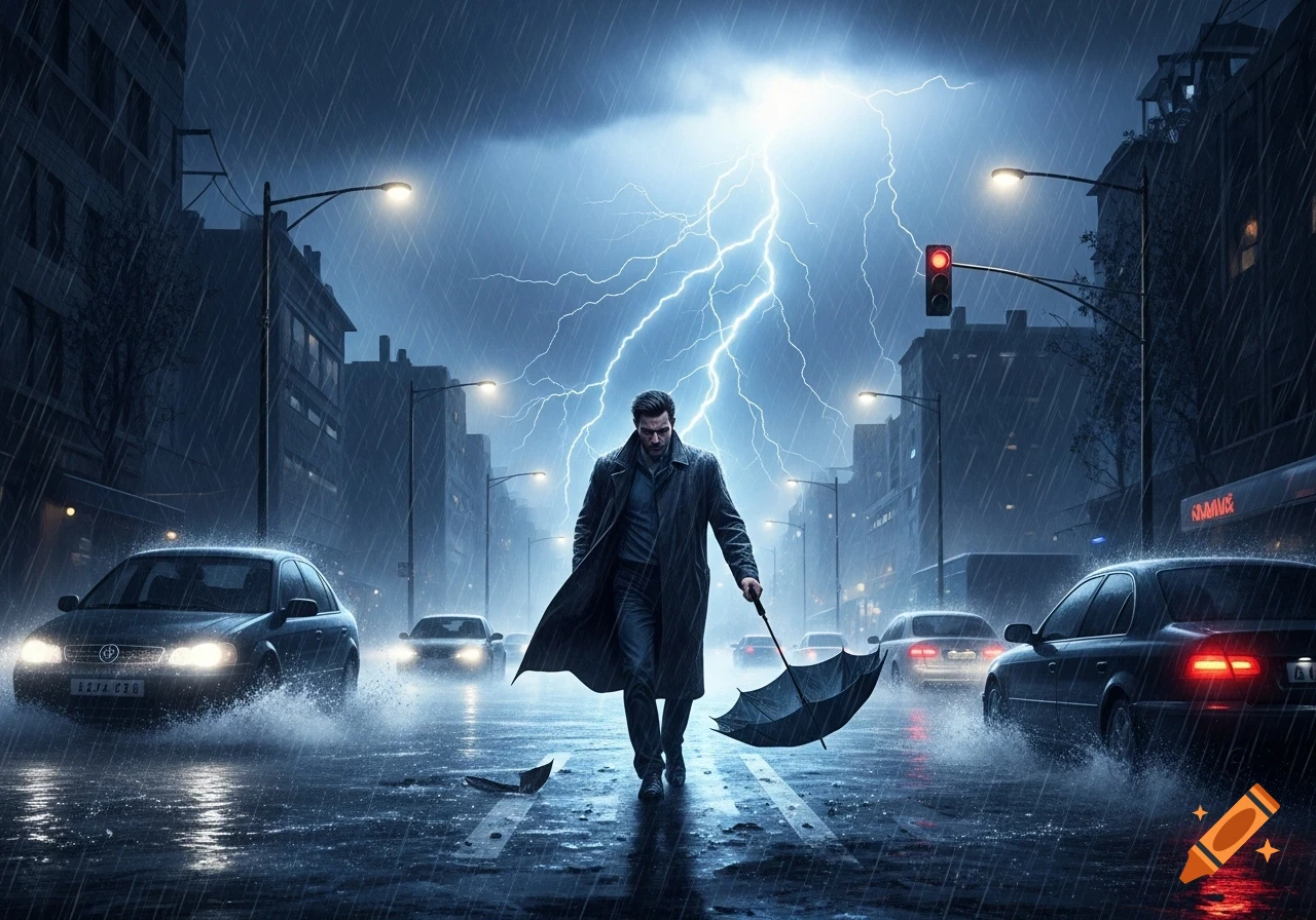 A man in a long coat walks down a rain-soaked city street at night, holding an inside-out umbrella as lightning flashes above.