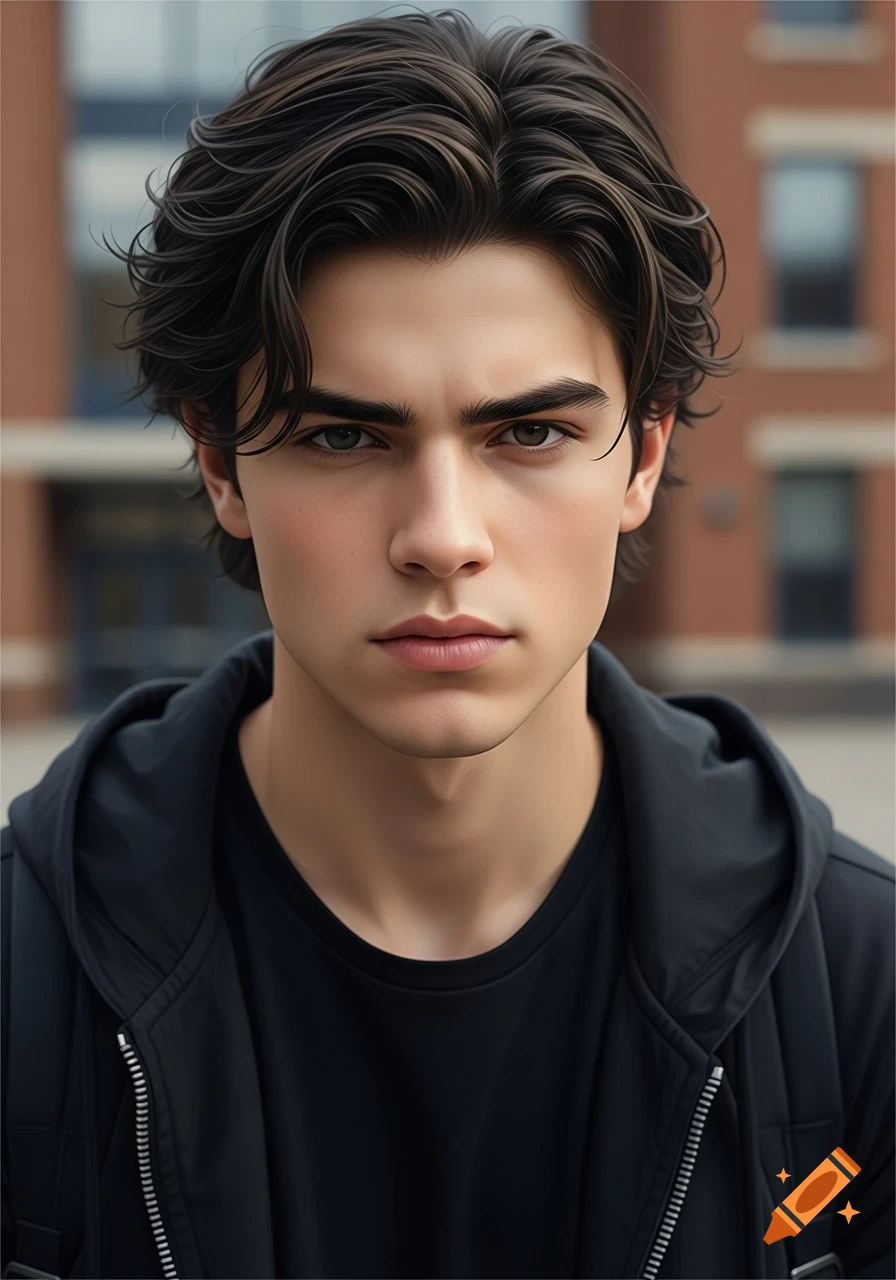 Photorealistic portrait of a serious teenage boy with dark messy hair and intense eyes, wearing a black hoodie, against a blurry brick building background.